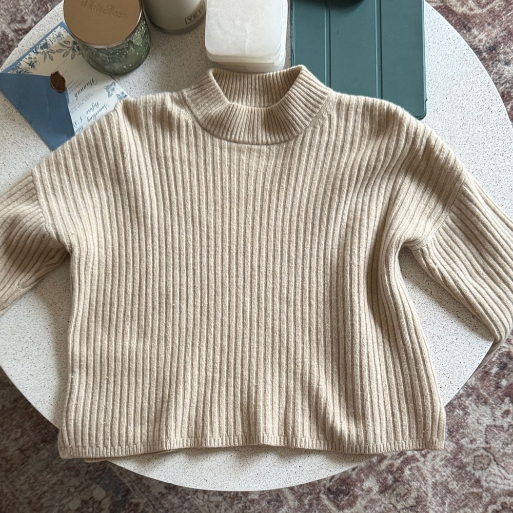 Madewell Cashmere Beige Cropped Ribbed Turtleneck Sweater